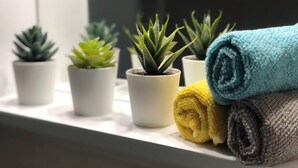 A window sill with four potted plants and three rolled towels in blue, yellow, and gray. - Charming 1-bed Apartment Located in Athina (Athens)