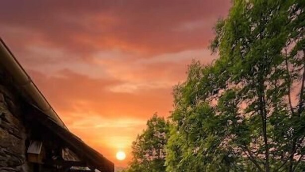 Un patio in pietra con posti a sedere all'aperto, immerso nel verde e tra piante fiorite.