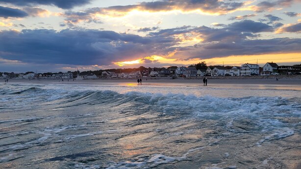 A beach with waves and houses in the background.