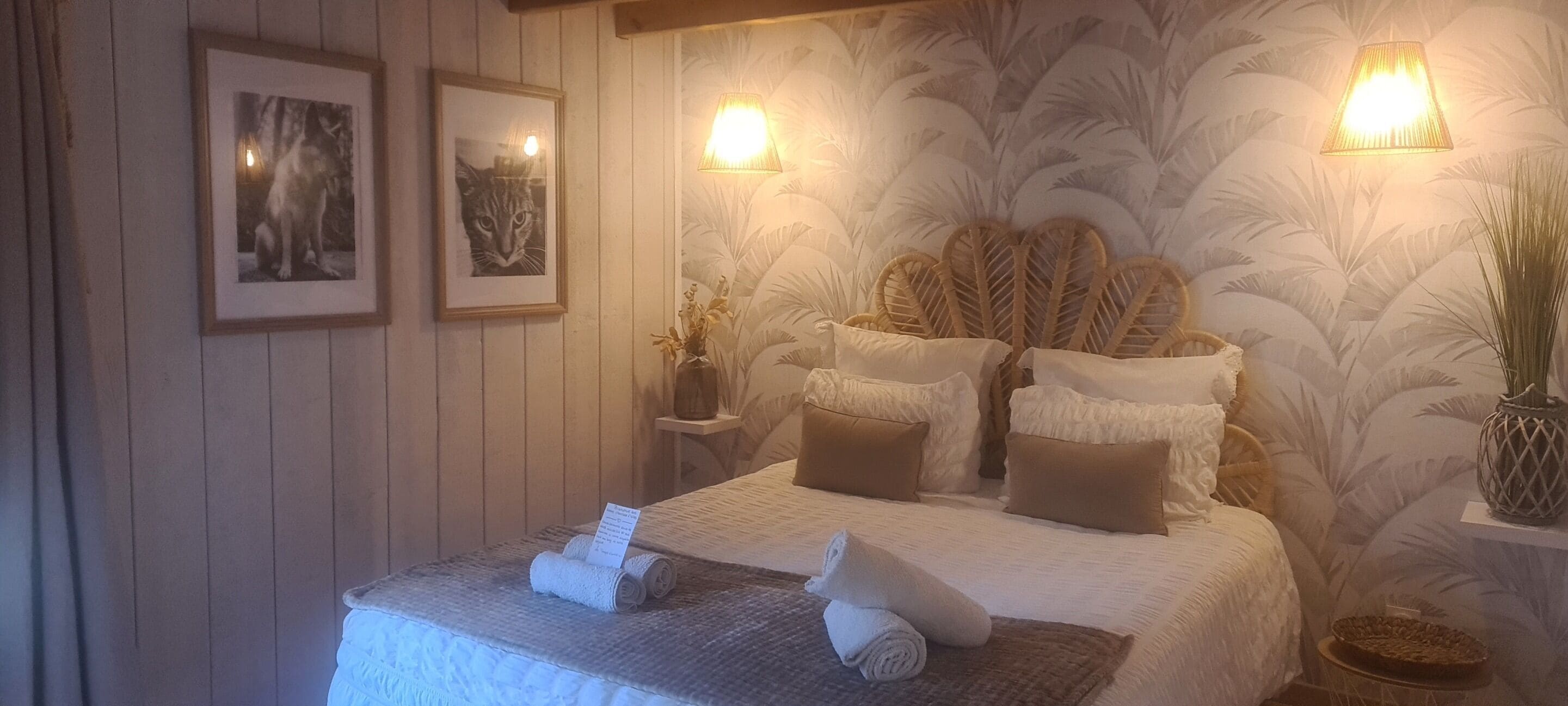 Una cama bien hecha con sábanas blancas y almohadas marrones, un cuadro enmarcado de un gato en la pared y una lámpara fijada a la pared.