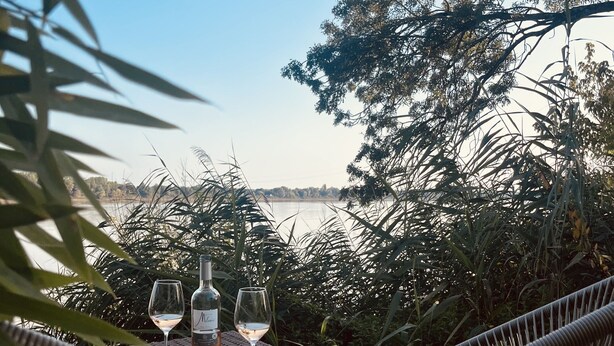 Una mesa de mimbre con dos copas de vino y una botella, sobre una cubierta de madera con vistas a un cuerpo de agua, rodeada de follaje denso.