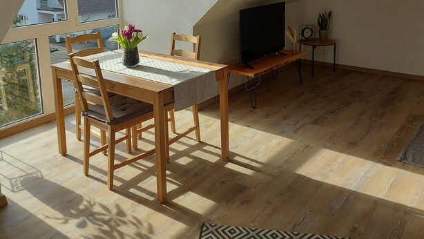 Ein gemütliches Dachzimmer mit Esstisch, Stühlen, einem Fernseher und einer Topfpflanze.