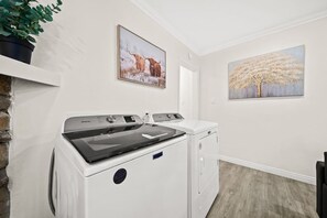 Ein Waschraum mit einer Frontlader-Waschmaschine und einem Trockner, einer Zimmerpflanze und zwei Bildern an der Wand.