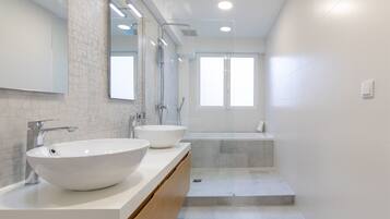 Shower, hair dryer, towels