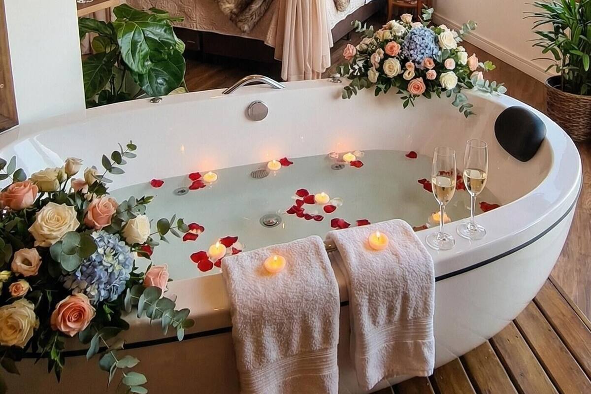 Een slaapkamer met een hemelbed, een groot raam en een badkuip met bloemen en kaarsen.
