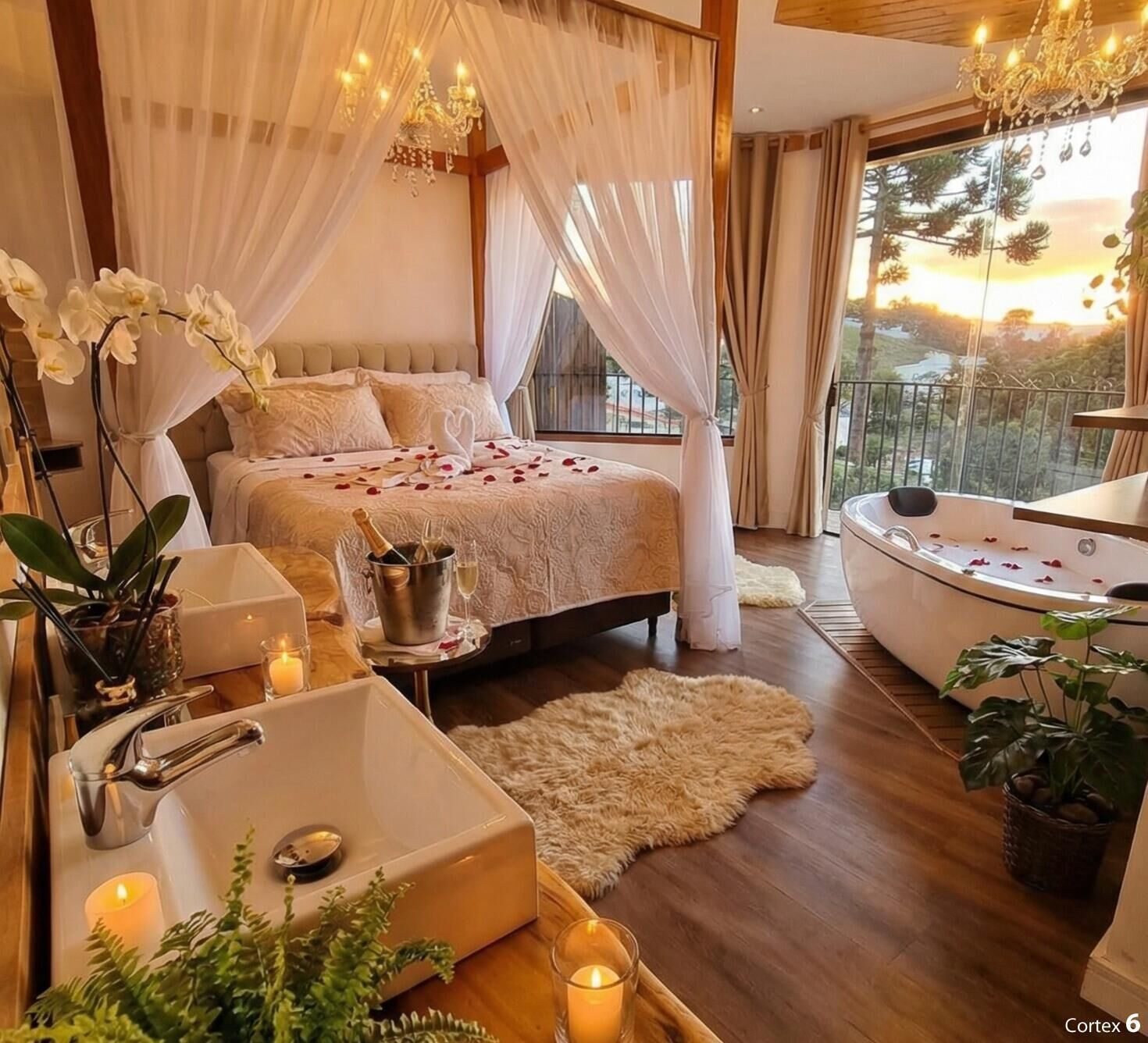 Quarto casal lua de mel, 1 cama Queen, banheira de hidromassagem, vista para a montanha | Roupas de cama premium, edredons de pluma, camas com colchões pillow-top