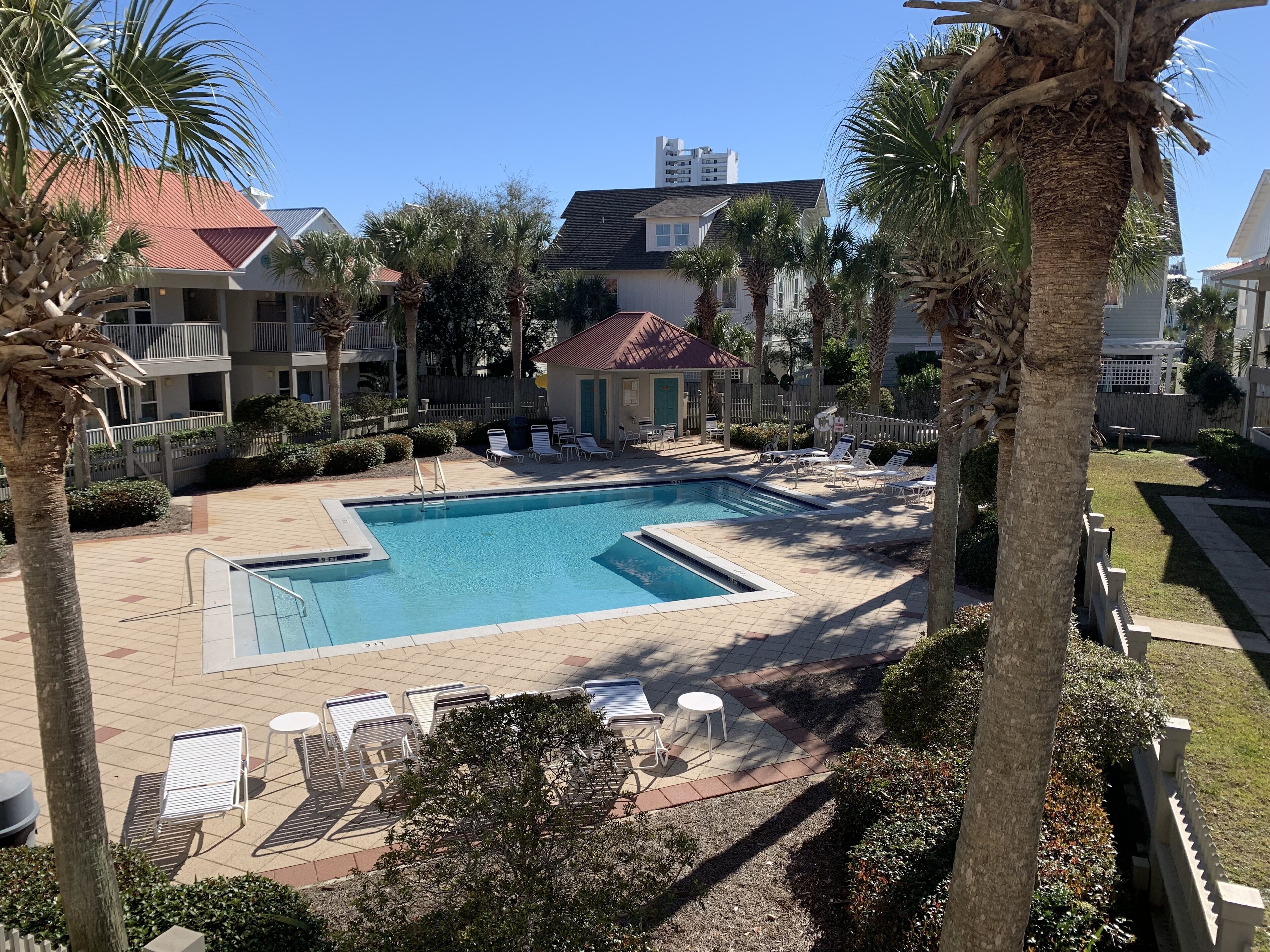 A pool area with lounge chairs and a small building, surrounded by palm trees and a fence.