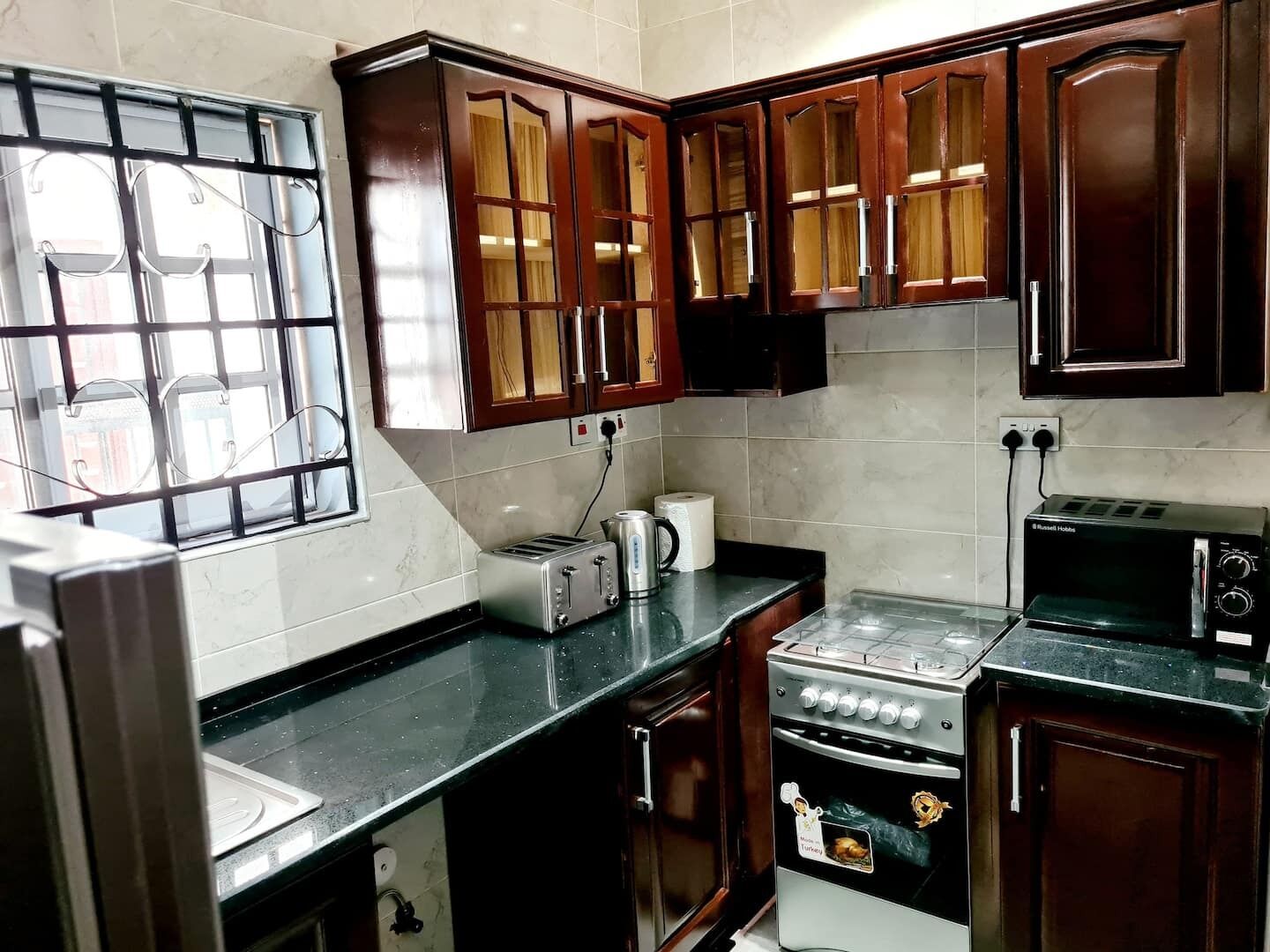 Fridge, microwave, oven, electric kettle