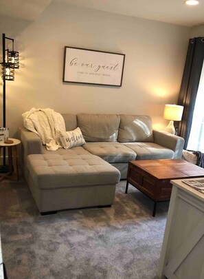 Smart TV, fireplace, DVD player, books