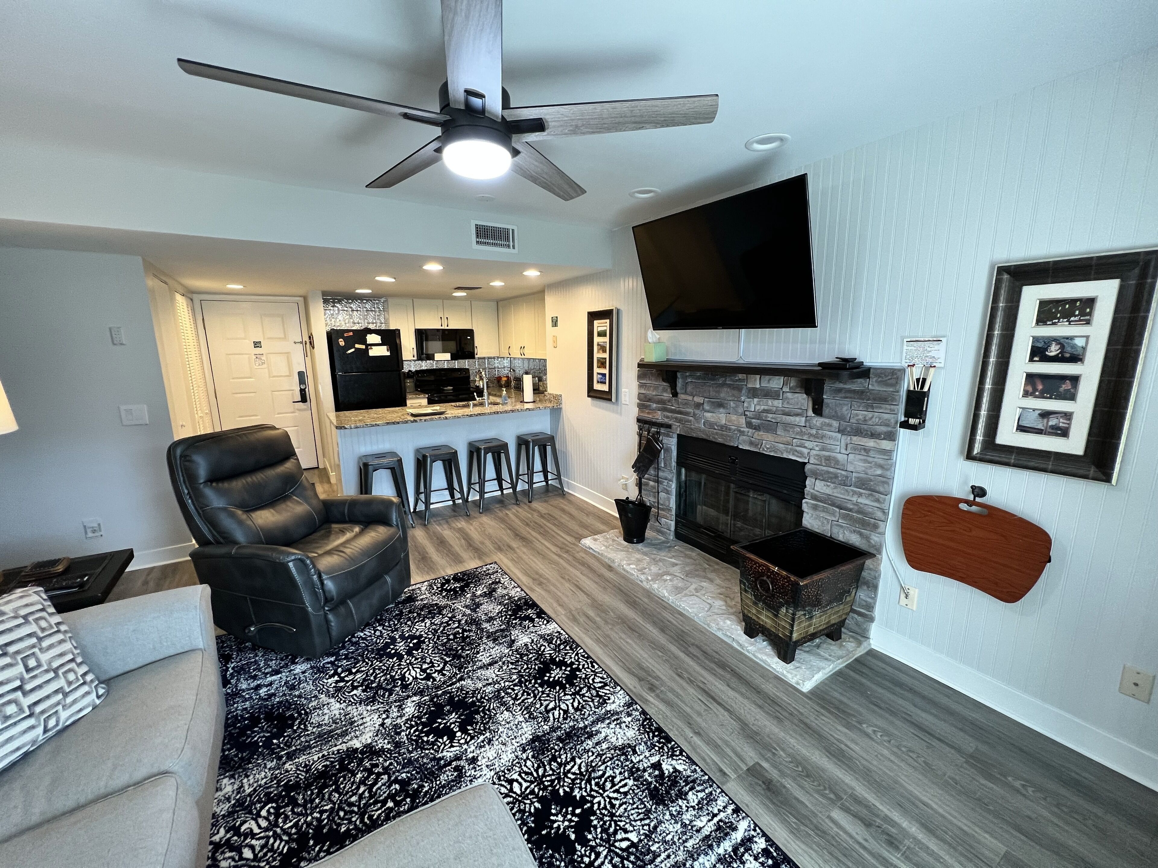 Smart TV, fireplace, books