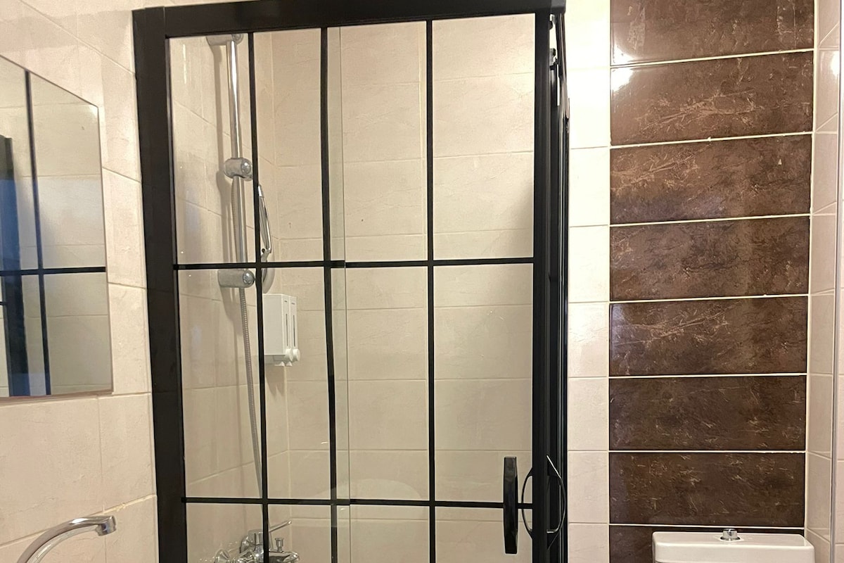 A bathroom with a glass-enclosed shower, a white sink, and a toilet.