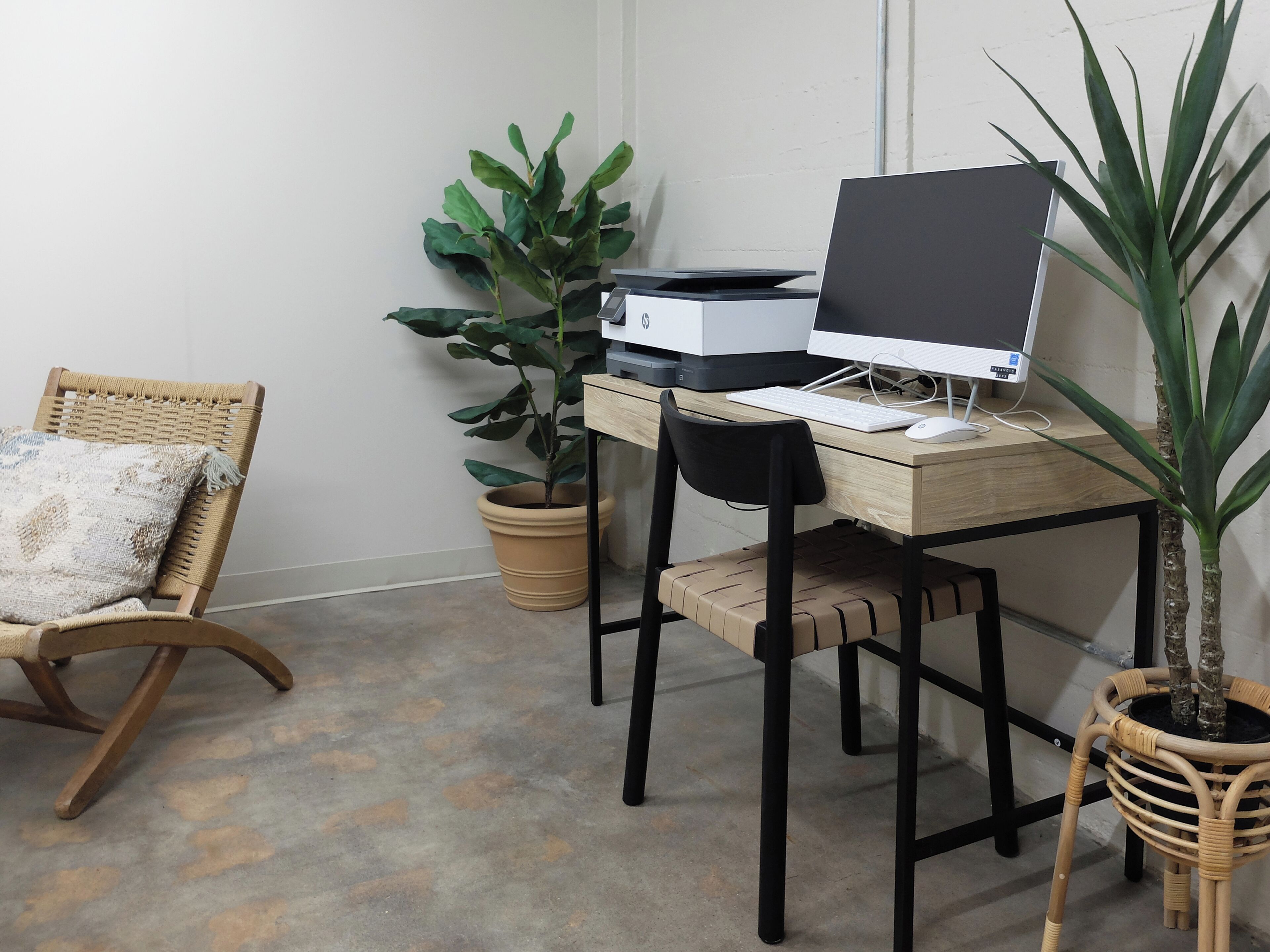 A workspace with a computer, printer, and two potted plants.