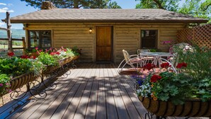 A wooden cabin with a porch, outdoor seating, and flower planters. - ⭐️Premier Host - Serene cabin, the best amenities, north end of James Ranch  (Durango)