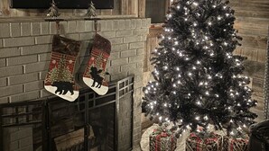 A cozy living room with a fireplace, a Christmas tree, stockings, and a flat-screen TV mounted on the wall.