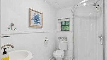 Une salle de bain avec des toilettes, un lavabo et une douche.