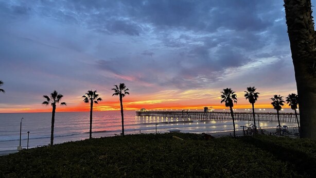 Vista al atardecer con palmeras y un muelle.