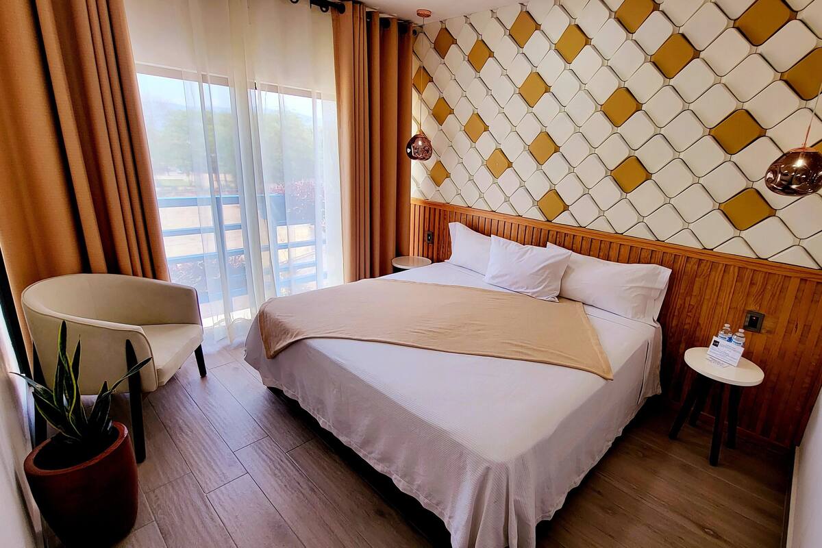 A hotel room with a bed, a chair, a small table, a potted plant, and a view through the window.