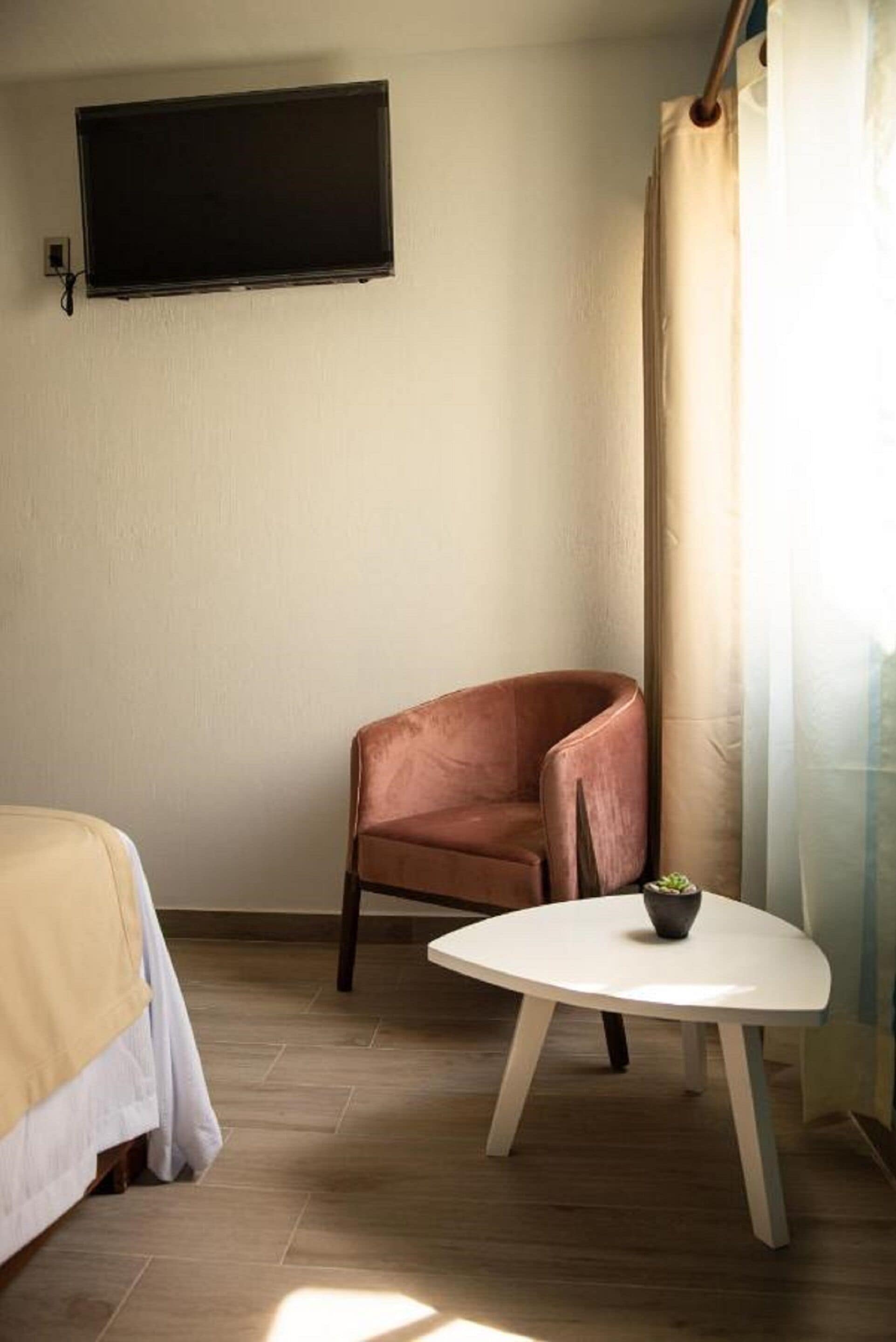 Una habitación de hotel con una cama, una silla, una mesita con una planta, un televisor en la pared y una ventana con cortinas.