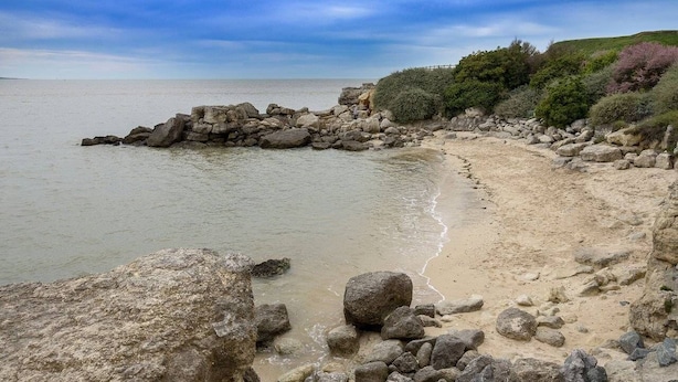 A rocky beach with a clear view of the sea and a grassy hill in the background. - Royan - APARTMENT with SEA VIEW - ONLY 300m from the BEACH and SHOPS (ROYAN)