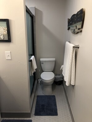 Une petite salle de bain comprenant des toilettes, un porte-serviettes, une petite poubelle et un tapis bleu foncé sur le sol.