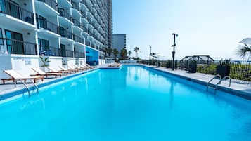Outdoor pool, open 8:00 AM to 11:00 PM, sun loungers
