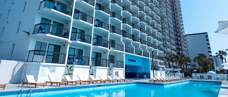 Outdoor pool, open 8:00 AM to 11:00 PM, sun loungers