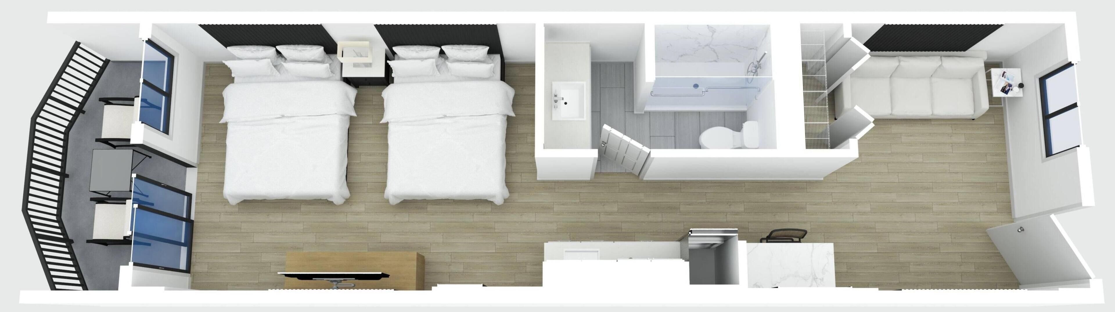 Een moderne hotelkamer met twee bedden, een badkamer, een kleine kitchenette en een balkon.