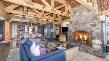 TV, fireplace, books, stereo