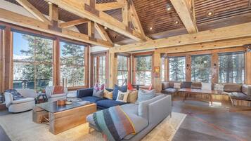 TV, fireplace, books, stereo