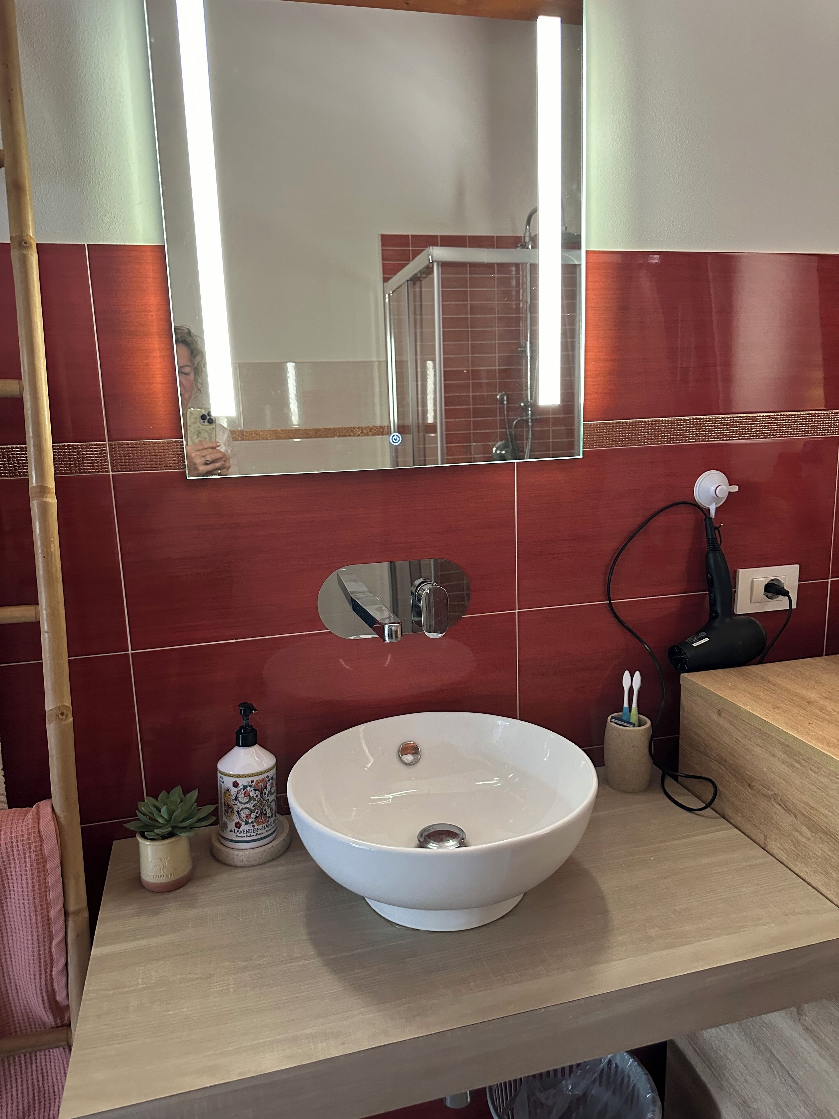 Une salle de bain avec un lavabo blanc, un miroir, une douchette à main et un sèche-cheveux branché.