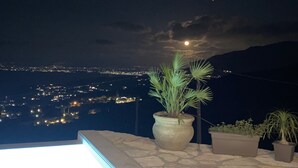 Vista nocturna desde un balcón con plantas en macetas y un paisaje urbano al fondo.
