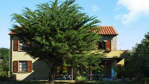 A two-story house with a stone facade, wooden shutters, and a large tree in the front yard. - Lovely apartment in villa for 5 guests with pool, WIFI, TV, terrace and panoramic view (Pomarance)