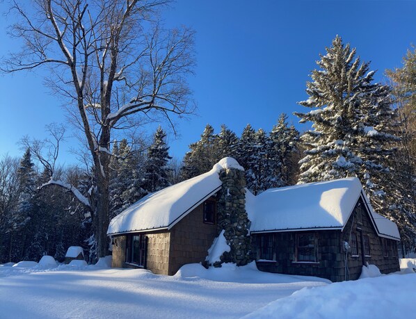 A cabin with a stone chimney, surrounded by snow-covered trees and a clear blue sky.