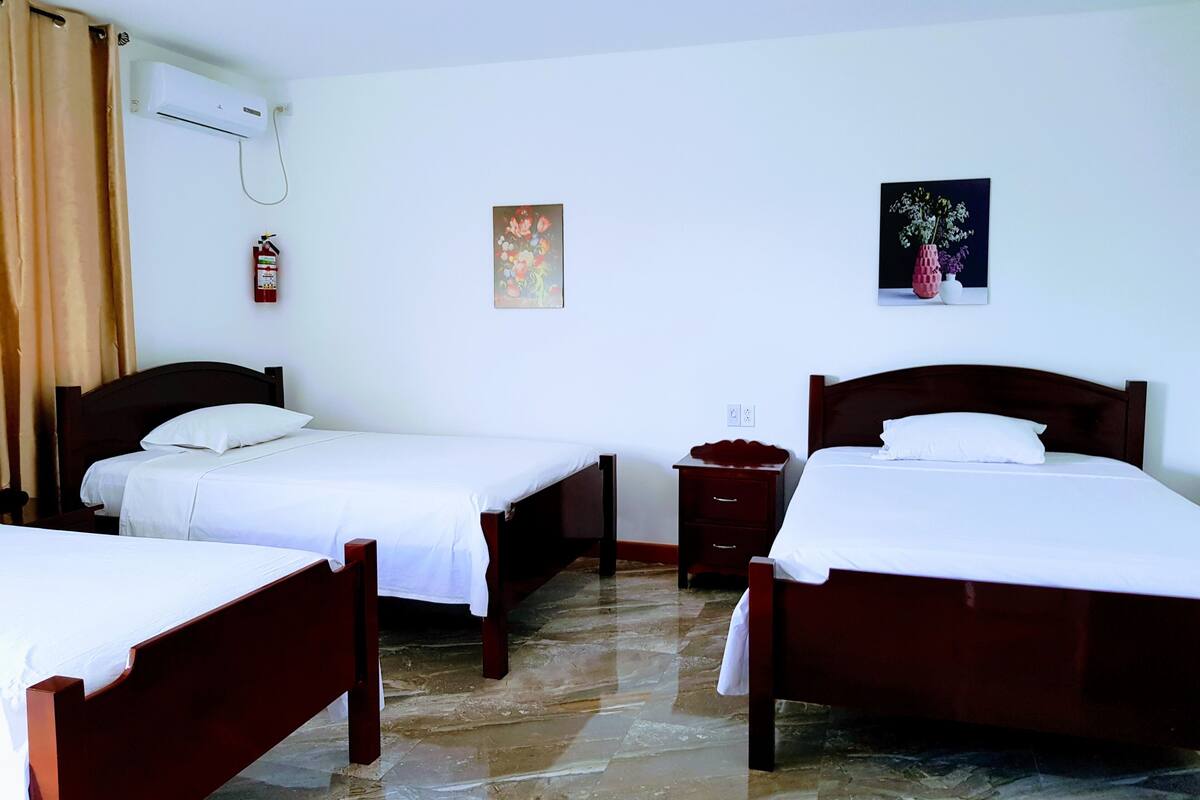 A hotel room with two wooden beds, a small bedside table, a wall-mounted air conditioner, and a fire extinguisher.