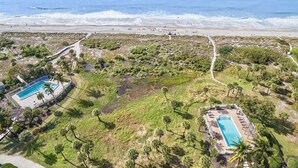 Vista aérea de una propiedad costera con dos piscinas rodeadas de palmeras y senderos.