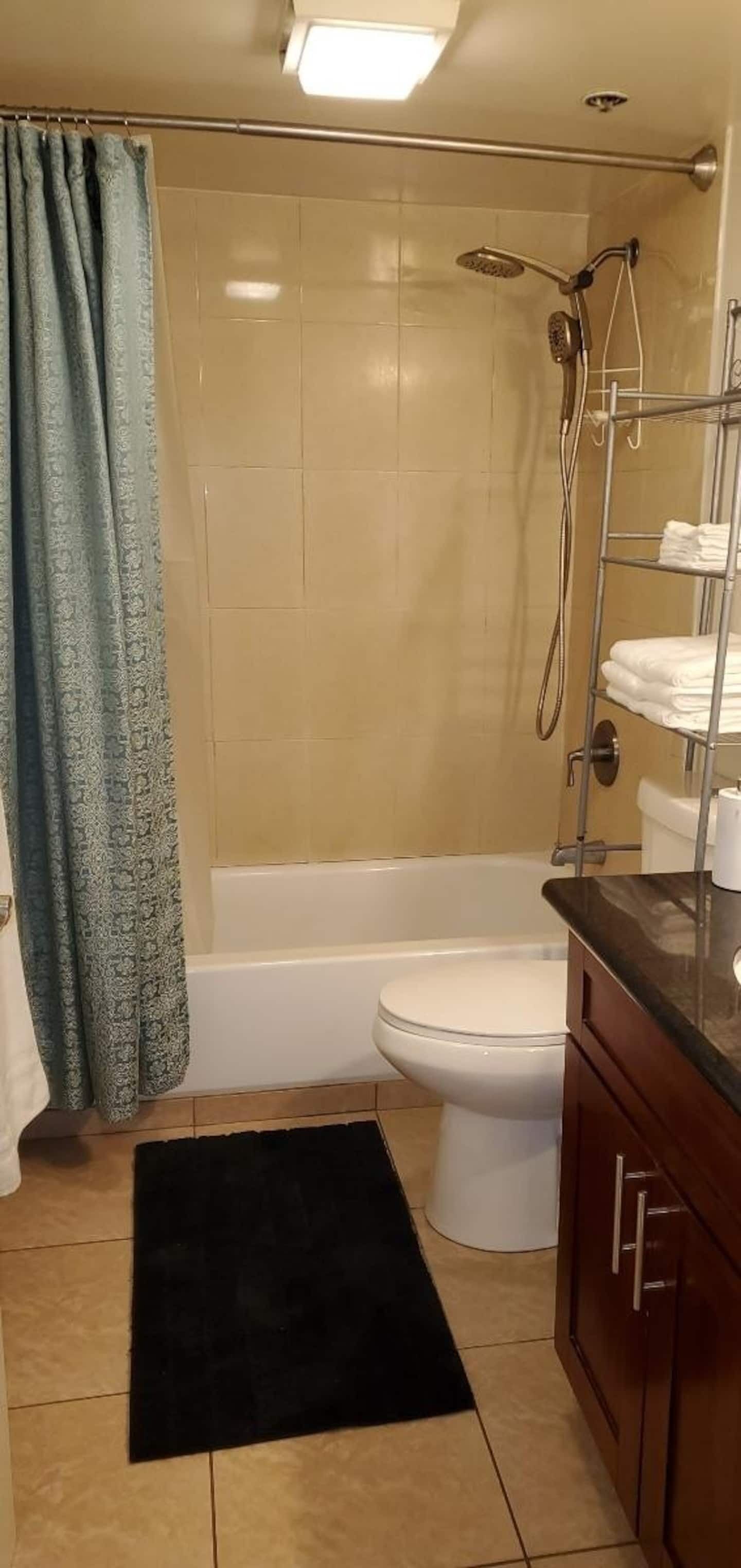 Combined shower/tub, hair dryer, towels, soap