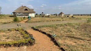 A rural landscape with thatched-roof houses, a dirt path, and sparse vegetation.