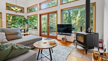 Smart TV, fireplace, books, stereo