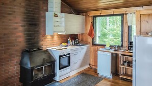 A compact kitchen with a wood stove, a small refrigerator, and a window with a view of greenery.