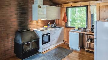 Fridge, microwave, dishwasher, cookware/dishes/utensils