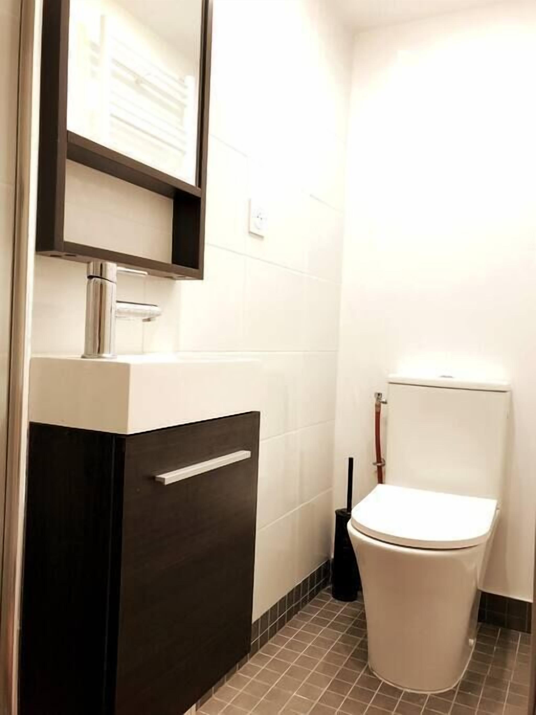 Une petite salle de bain avec des toilettes blanches, un lavabo de couleur foncée et un miroir au-dessus du lavabo.