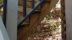 A wooden deck with a metal railing leading to a screened porch with a view of the surrounding trees. - Steinhatchee Landing Resort -Cross Creek #2-Dog Friendly **THIRD NIGHT FREE** (Steinhatchee)