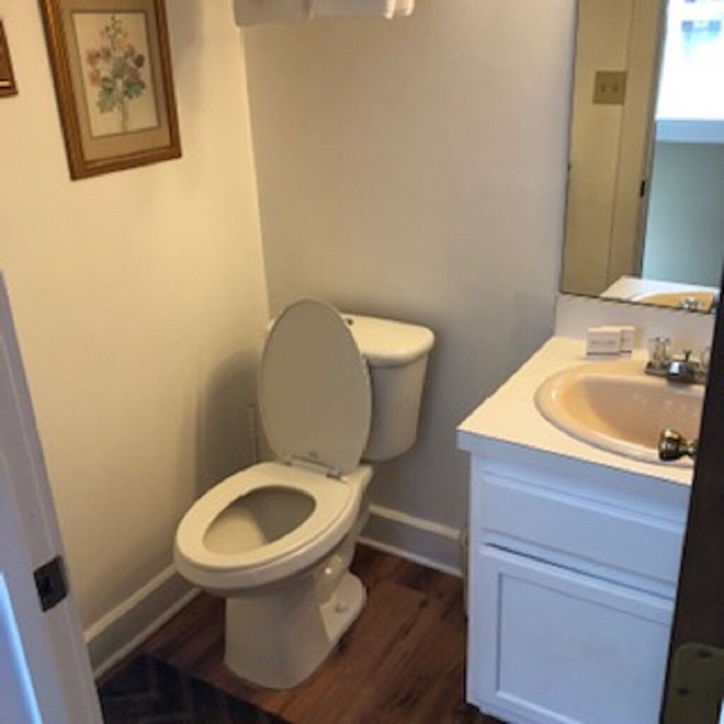 Een badkamer met toilet, wastafel en spiegel.