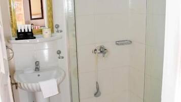 A bathroom with a white sink, a mirror, a shower enclosure, and a toilet.