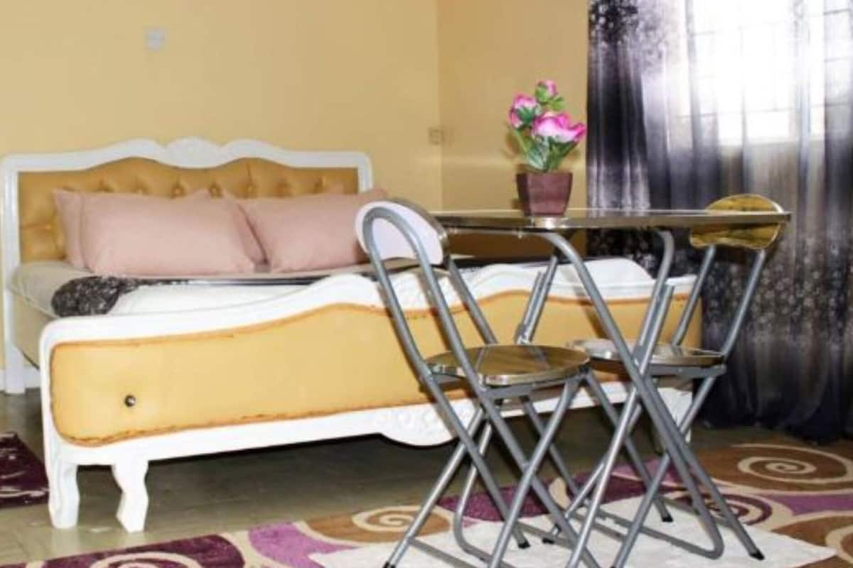A room with a bed, a table with chairs, a potted plant, and a window with curtains.