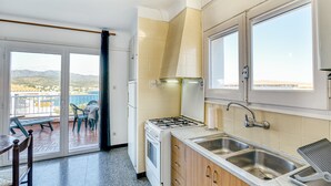 Une cuisine équipée d’une cuisinière à gaz, d’un évier et offrant une vue sur l’extérieur.