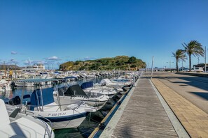 A marina with boats docked, a wooden walkway, and a hill with vegetation in the background.