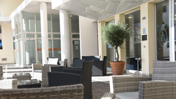An outdoor seating area with wicker furniture and a potted tree. - Hotel Duca d'Aosta (Mogliano Veneto)