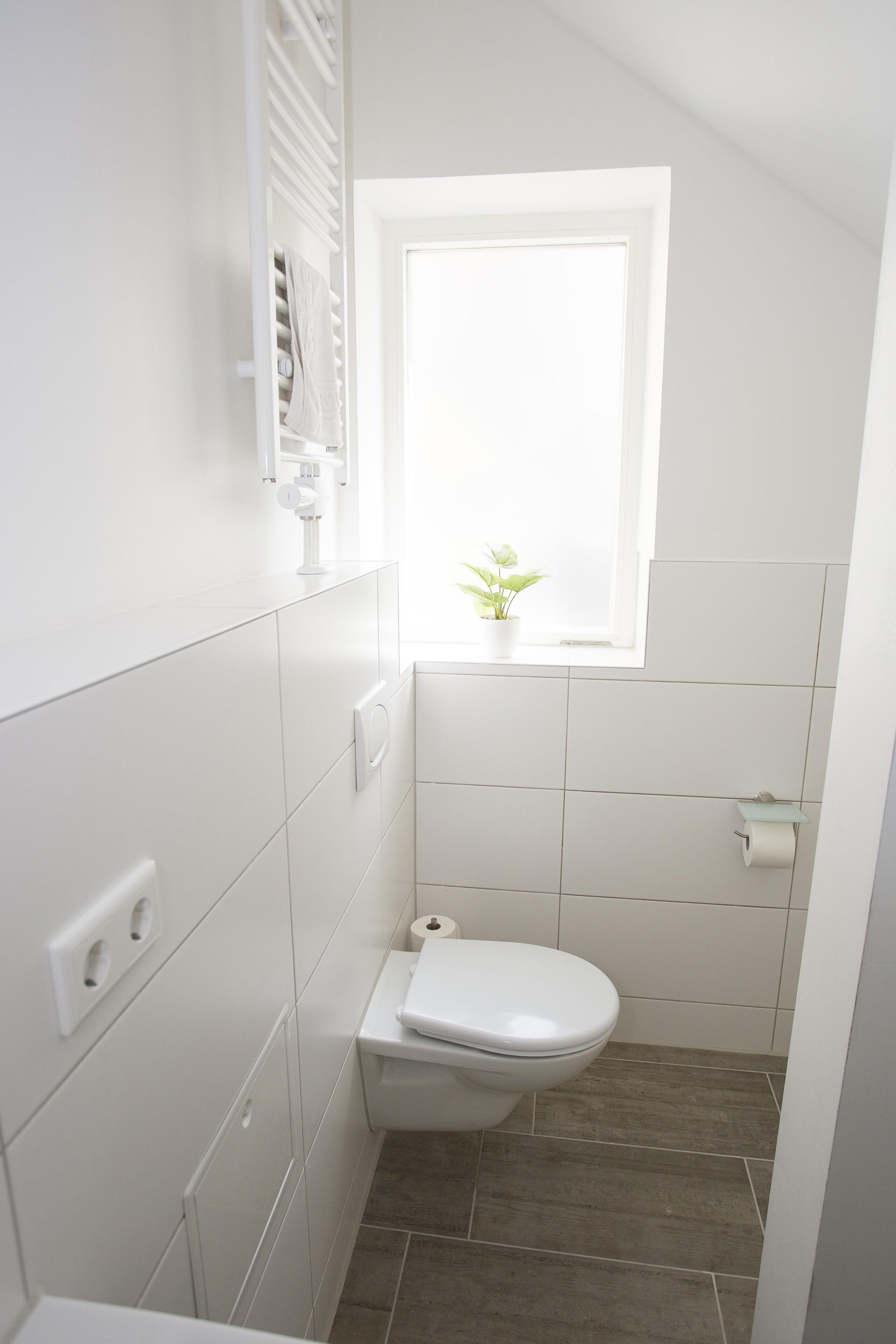 Ein kleines, weißes Badezimmer mit Toilette, einem Fenster und einem kleinen Ablagebrett mit einer Pflanze.