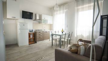 Apartamento básico, 1 cama de casal e sofá-cama | Cozinha privada | Geladeira grande, micro-ondas, cooktop